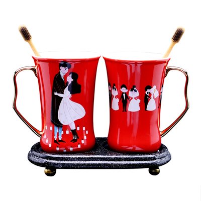 结婚红色陶瓷一对喜庆创意漱口杯