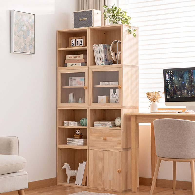 实木书柜现代简约带门防尘格子柜组合立柜窄柜落地储物柜书架置物