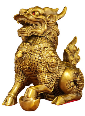 黄铜财福麒麟摆件一对八卦火麒麟