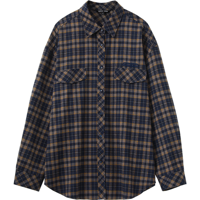 复古格纹衬衫外套长袖宽松衬衣