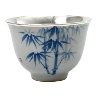 足银999银茶杯包银杯釉下彩手绘家用主人杯功夫茶具品茗杯 润君