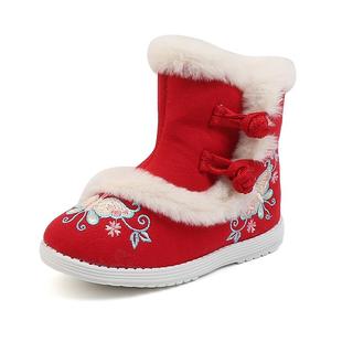 汉服鞋子女童冬季中国风拜年鞋儿童红色棉靴古装绣花鞋民族风靴子
