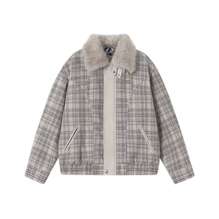 FORNINES可拆毛领格子棉衣男冬季翻领棉袄潮牌棉服小香风厚外套女