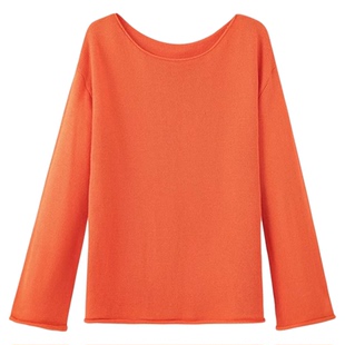 章若楠同款橘红色一字肩毛衣女秋装慵懒风宽松长袖针织衫露肩上衣