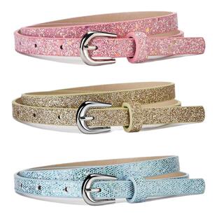 粉色儿童腰带女金银色亮片裤带女士小腰围细皮带玫红橘色绿色蓝色