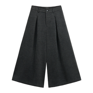 MULVAN 【现货7.5折】周末看展 复古深灰色毛呢阔腿裤女高腰裙裤