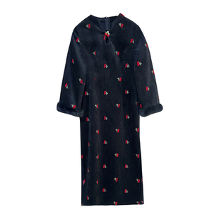 樱桃【自制款】原创设计刺绣气质新中式黑色毛袖大码胖mm连衣裙冬