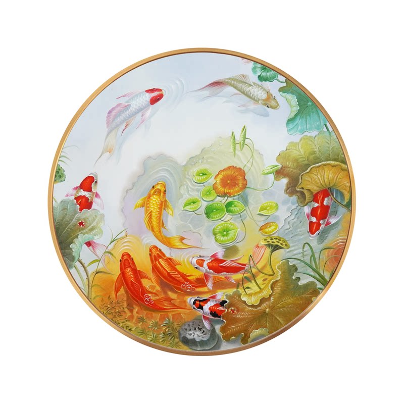 九鱼图油画手绘圆形锦鲤新中式客厅餐厅玄关装饰画背景墙壁画挂画