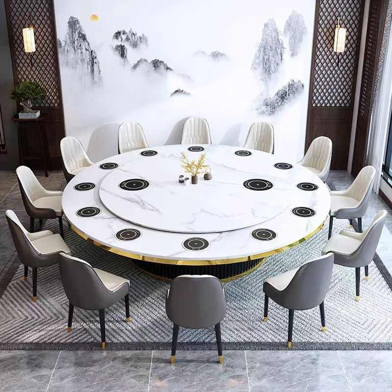 酒店大圆桌电动岩板圆桌全自动家用圆桌商用12人16人高档岩板餐桌