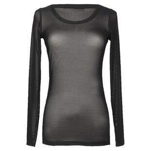 纯色紧身性感网纱t恤女装低胸内搭时尚薄款圆领蕾丝长袖透视上衣