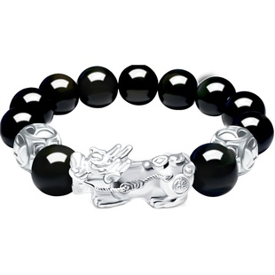 天然黑曜石纯银貔貅手链工编织红黑绳散珠串情侣首饰本命马年男女