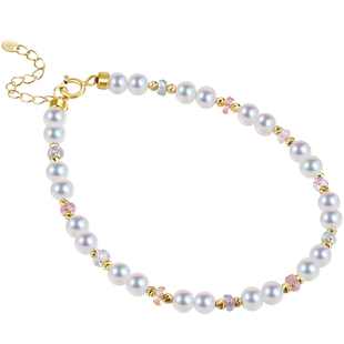 海蒂珠宝 慕澄 强光3-4mm淡水珍珠彩蓝宝手链18k金正品轻奢◇