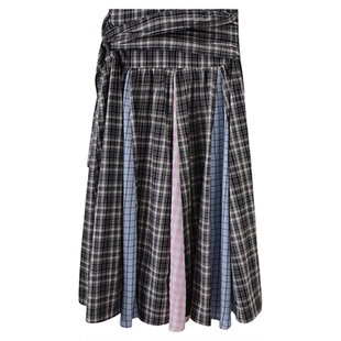 有耳uare原创设计 自由波嬉 格雷系复古粉蓝灰格子拼接A字半身裙