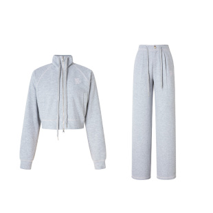 【安妮梦境】Uena美式复古灰色短款立领拉链卫衣休闲抽绳卫裤套装