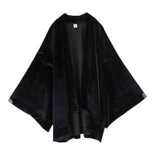 袁落落/女装 丝绒日式复古改良和服和风外套开衫小振袖羽织浴衣黑