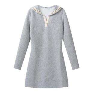 MARDI韩式简约风海军领连衣裙女学院风灰色长袖极简风气质裙棉质