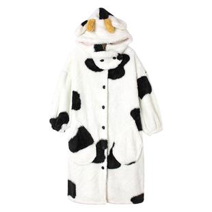 可爱奶牛睡衣女秋冬季珊瑚绒睡袍裙长款加厚法兰绒家居服冬天浴袍