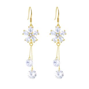 长款人造锆石水晶耳环花朵花瓣长吊坠耳坠韩版潮双线吊吊耳钩耳饰