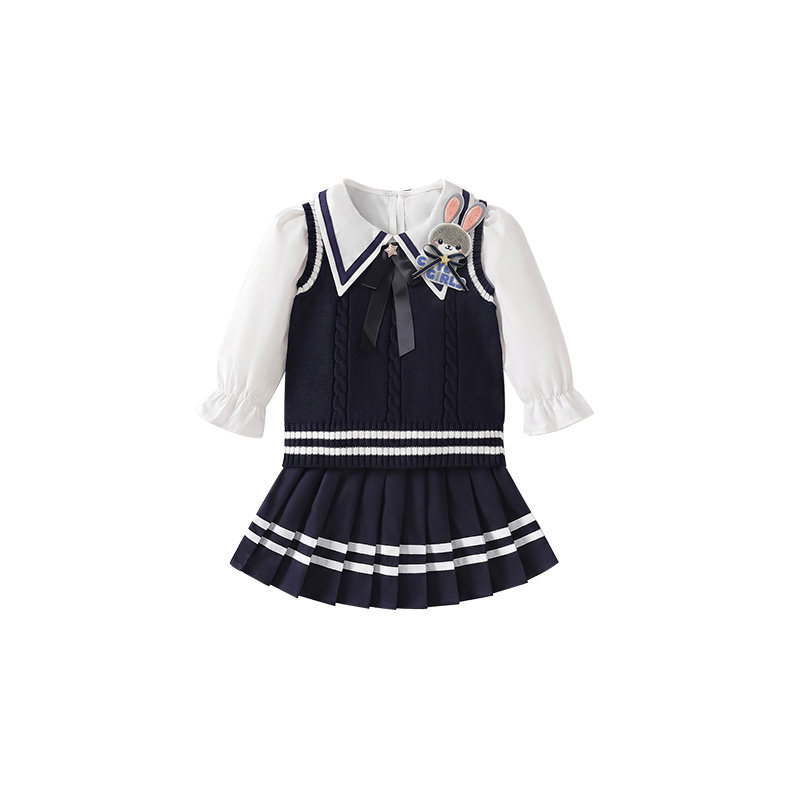 女童秋装新款毛衣背心三件套装兔子警官儿童生日衣服jk学院风裙子