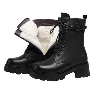 冬季加绒真皮羊毛女短靴厚底防水台马丁靴女式皮棉鞋妈妈女士棉靴