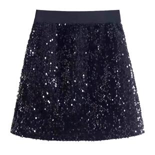 亮片丝绒半身裙女2025新款韩版松紧腰黑色短裙显瘦a字裙闪亮裙子