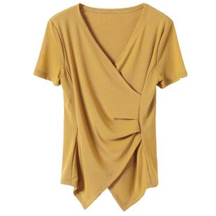 高端精致网纱上衣交叉v领打底衫女高级感秋季褶皱修身洋气纱衣T恤