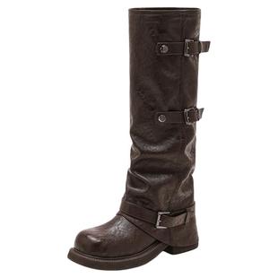 星期六黑色长筒靴女款2025冬季新款西部裤管高筒工装靴骑士靴子直