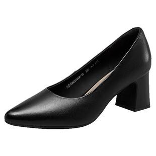 意尔康女鞋2026新款单鞋真皮尖头粗跟气质通勤面试女士职业高跟鞋