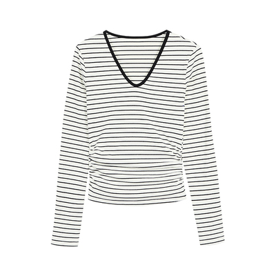 轻简都市撞色v领条纹长袖打底衫