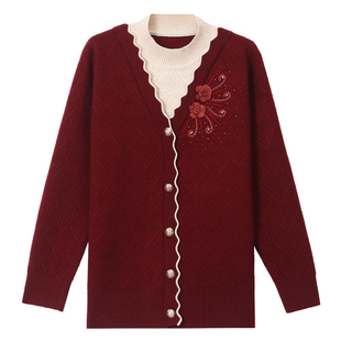 妈妈秋冬毛衣加厚洋气假两件中年女装上衣一体绒中老年加绒打底衫