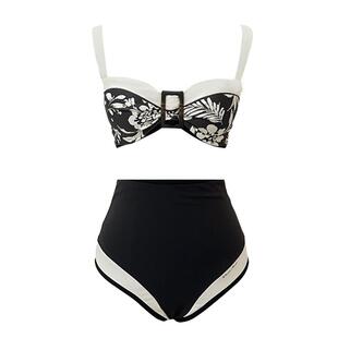 visual mood比基尼复古黑白印花法式高腰新款显瘦分体泳衣女套装