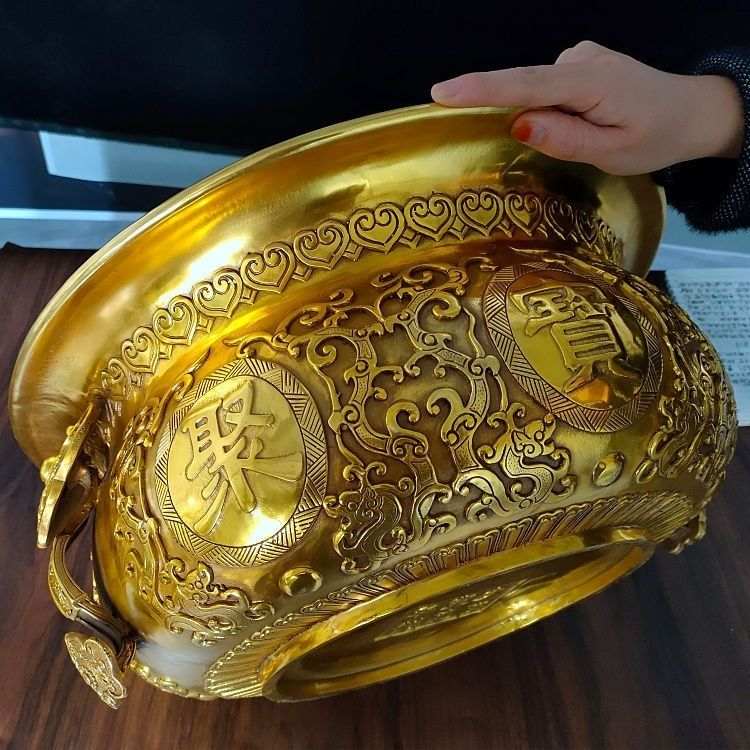 黄铜聚宝盆摆件双龙铜盆家居客厅店铺装饰工艺礼品摆饰开 ??业礼