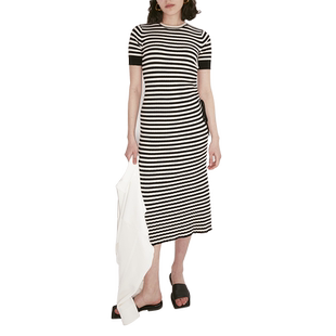 INSPIRE&STORIES春季新品简约修身条纹短袖抽绳针织连衣裙