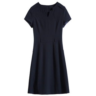 璐丝百丽藏蓝色连衣裙女短袖2025夏季新款黑色面试职业正装裙子