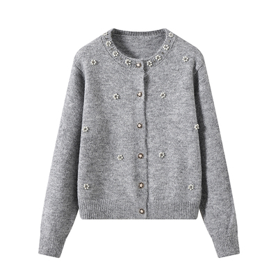 DDXZ夕子圆领珍珠小花毛衣针织衫