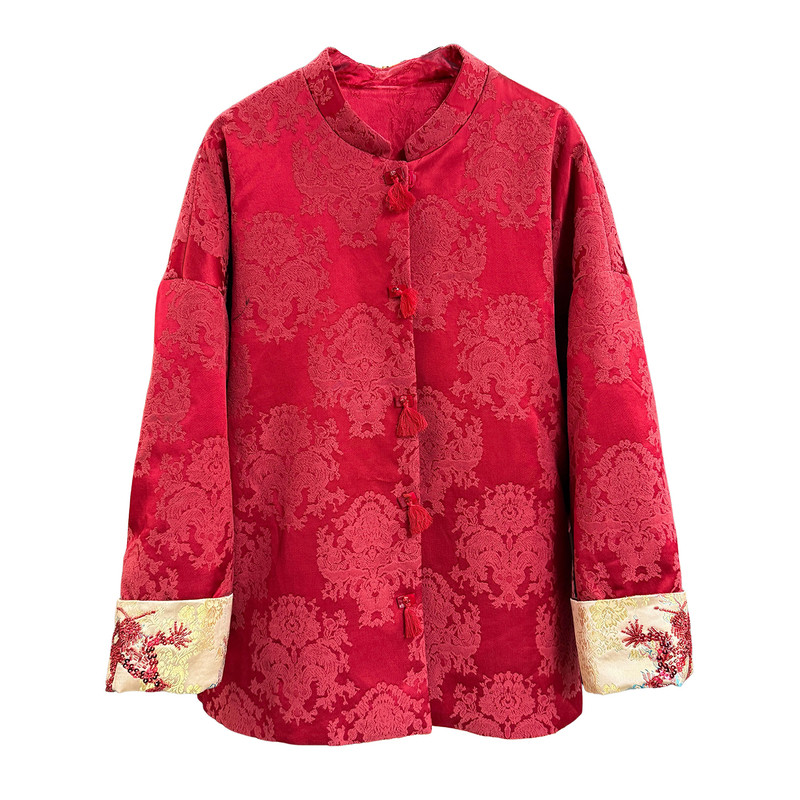 中式!宽松真丝提花钉珠棉服外套