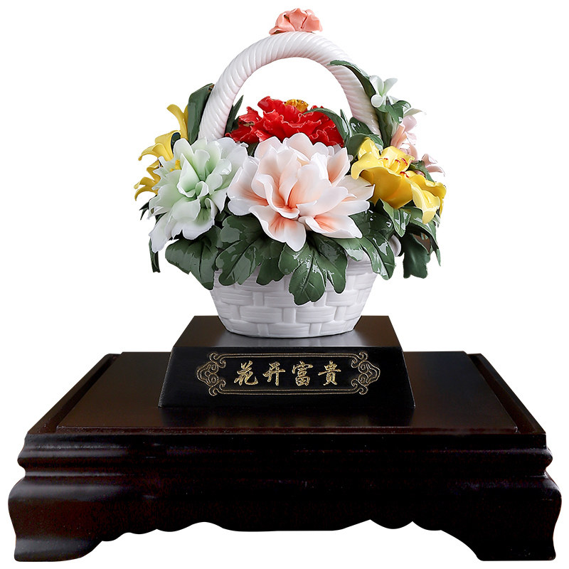 陶瓷牡丹花篮摆件可定制祝福语