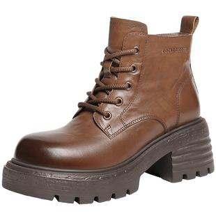 百丽英伦风真皮马丁靴子女冬款加绒保暖厚底休闲短靴B2942DD5