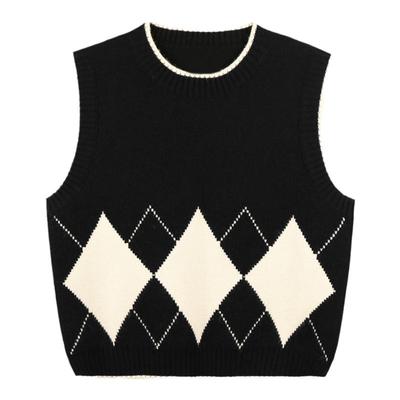 撞色菱格针织马甲背心