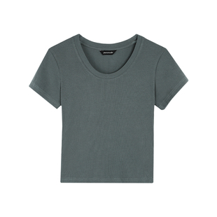 pusumede纯色U领短款短袖t恤女夏季新款基础百搭气质修身正肩上衣