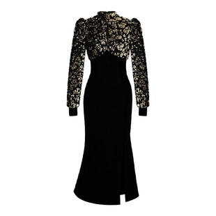 2025年新款时尚黑色亮片收腰连衣裙女秋冬潮流开叉圣诞战袍裙长款