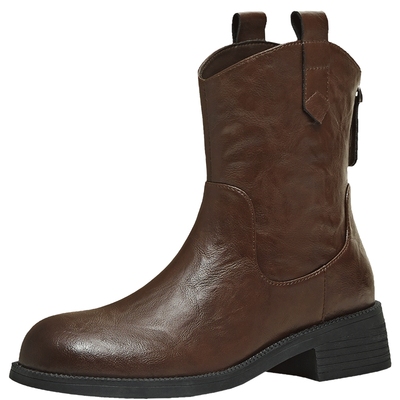 天美意复古厚底切尔西靴加绒时装靴短靴女鞋子休闲皮靴2025冬新款