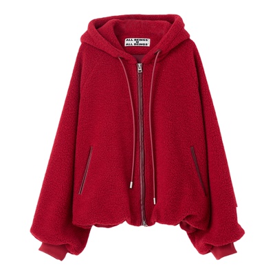 ALL BEINGS2025AW秋冬新品红色羊羔毛花苞下摆连帽外套宽松外套女
