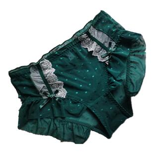 精品荷叶边网纱蕾丝内裤加大点点墨绿色高级质感包臀三角裤女中腰