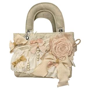 pinkyo原创玫瑰蝴蝶结蕾丝缎带卡其色包包法式复古优雅公主手提包