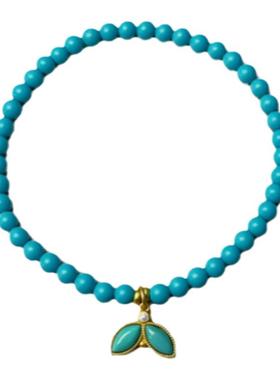 绿松石手串配S925纯银镶钻松石鱼尾原创设计款财富兴旺安乐4mm