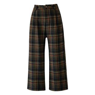 八分毛呢格子阔腿裤女秋冬新款宽松休闲直筒裤高腰加厚裤子九分裤