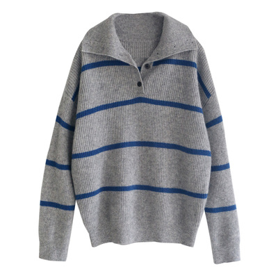 徐大脸吖定制 高智牦牛绒/羊毛针织衫秋冬女拼色条纹polo翻领毛衣