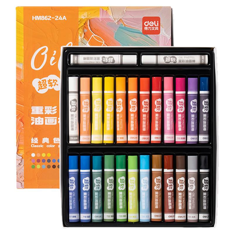 得力重彩油画棒幼儿园专用diy画油画棒36色绘画纸工具套装超软不脏手蜡笔24色油画棒软性专用安全无毒炫彩棒