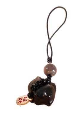 暖言黑曜石招财猫挂件男转运纳福手机链包包挂饰钥匙扣银曜石挂坠